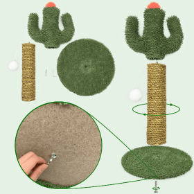 Cactus Shaped Cat Climbing Tree 2 In 1 - Solid Wooden Base - Natural Sisal Scratching Post With Suspended Ball Toys Indoor Cat Multi-Level Activity Ce